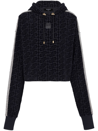 Balmain Monogram-print Cropped Hoodie In Navy