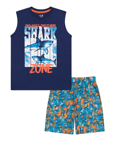 Max & Olivia Big Boys Shorts Set, Muscle Sleeve Top With Glow In The Dark Screen Print, Longer Length Print Short In Navy