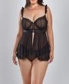 Icollection Plus Size Jasmine 2 Piece Soft Cup Mesh Babydoll With Lace Trim Lingerie Set In Black
