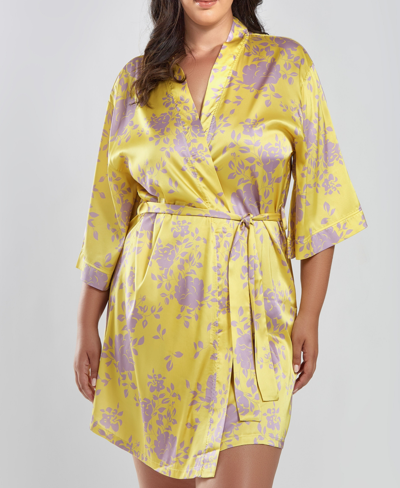 Icollection Plus Size Fiona Satin Print Robe In Yellow-purple