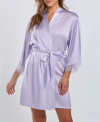 Icollection Plus Size Kate Satin Robe With Eyelash Lace Trim In Light-lilac