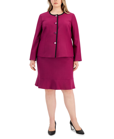 Le Suit Plus Size Framed Collarless Jacket & Flounce-hem Skirt In Wild Rose,black