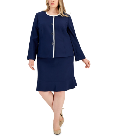 Le Suit Plus Size Framed Collarless Jacket & Flounce-hem Skirt In Indigo,vanilla Ice