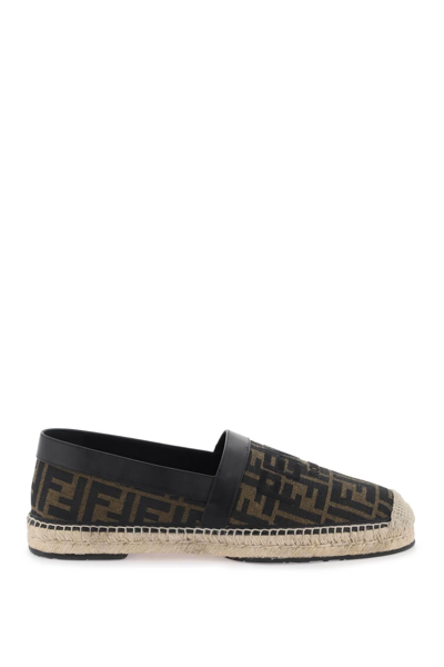 Fendi Logo-embroidered Leather-trimmed Canvas-jacquard Espadrilles In Tobacco