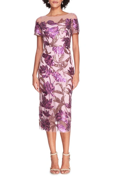 Marchesa Notte Lotus Sequin Tulle Sheath Dress In Purple