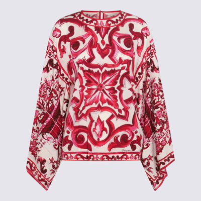 Dolce & Gabbana White And Dark Red Silk Majolica Shirt In Multi