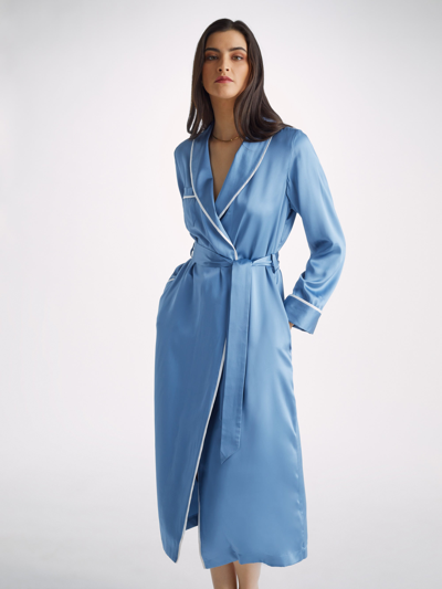 Derek Rose Women's Long Dressing Gown Bailey Silk Satin Soft Denim