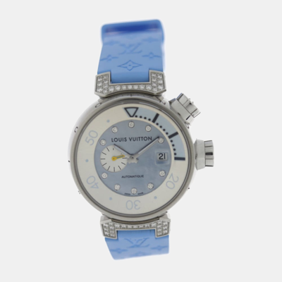 Pre-owned Louis Vuitton Blue Diamonds Stainless Steel Tambour Q1330 Quartz Women's Wristwatch 35 Mm
