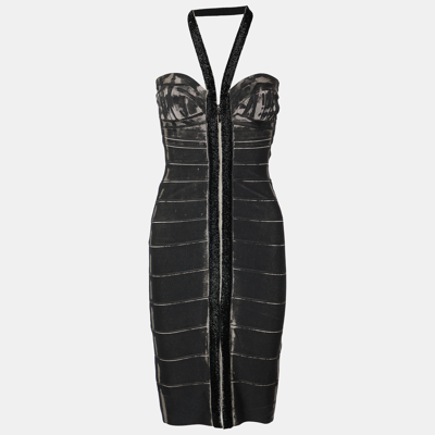 Pre-owned Herve Leger Black Beaded Halter Neck Mini Dress S | ModeSens