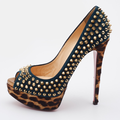 Pre-owned Christian Louboutin Multicolor Suede And Calfhair Lady Peep-toe Spikes Platform Pumps Size 36