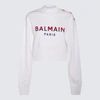 Balmain 3-button Flocked Logo-print Crop Sweatshirt In White/red/marine