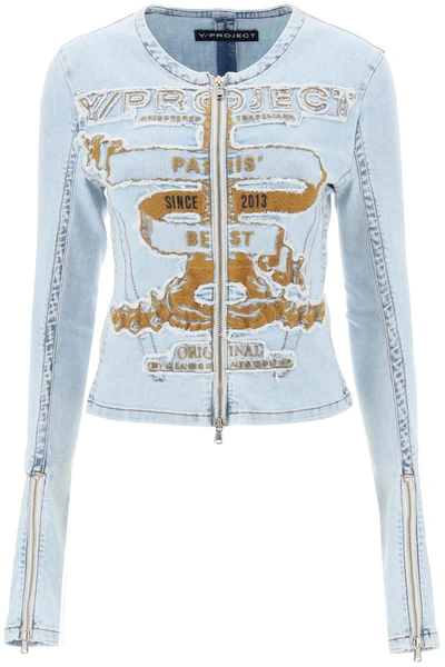 Y/project Denim Jacket With Embroidered Patches In Light Blue