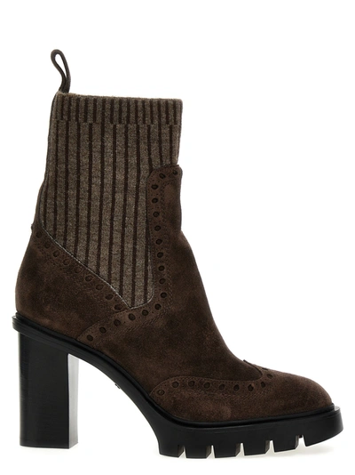 Santoni Leather Mid-heel Brogue Sock Boots In Marrón