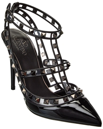 Valentino Garavani Rockstud Pumps In Patent Leather And Polymeric Material With Straps 100 Mm In Black