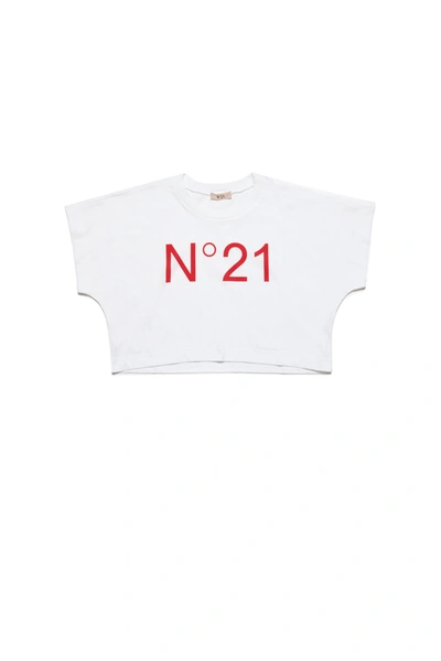 N°21 Kids' Logo Print Cropped Cotton Jersey T-shirt In White