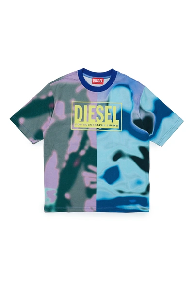 Diesel Kids' Panelled Abstract-print T-shirt In Blue