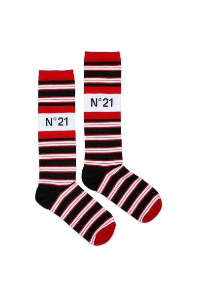 N°21 Kids' Striped Cotton Blend Socks With Logo In Multicoloured