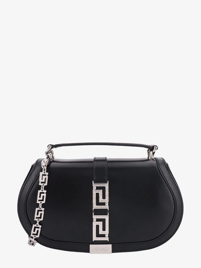 Versace Leather Handbag With Frontal Metal La Greca Detail In Black Silver