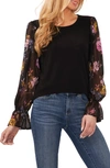 Cece Mixed Media Floral Long Sleeve Blouse In Rich Black