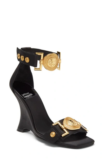 Jeffrey Campbell Leonite Wedge Sandal In Black Satin,gold