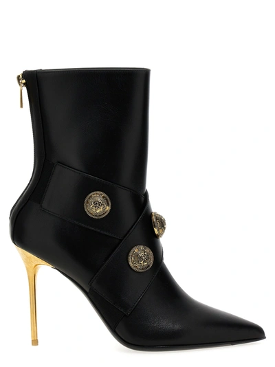 Balmain Black Ankle Boots With Decorative Buttons And Gold Heel In Nero