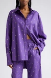 Attico Diana Logo Print Oversize Split Hem Cotton Button-up Shirt In Purple/ Light Green