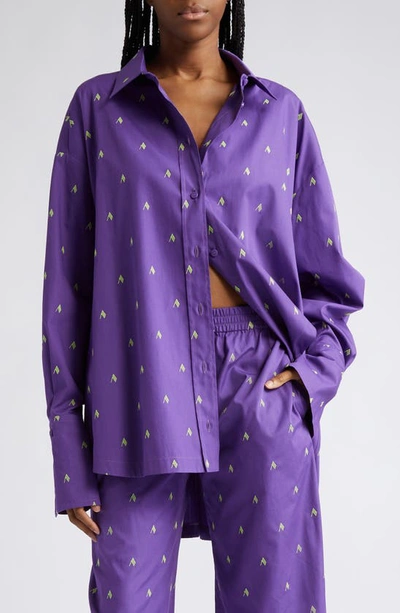Attico Diana Logo Print Oversize Split Hem Cotton Button-up Shirt In Purple