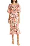 Saloni Grace Print Silk Off The Shoulder Dress In Ivory Adorning/ Hazel