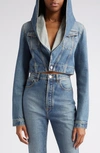 Alaïa Hooded Denim Jacket With Cinched Waist In Bleu Vintage