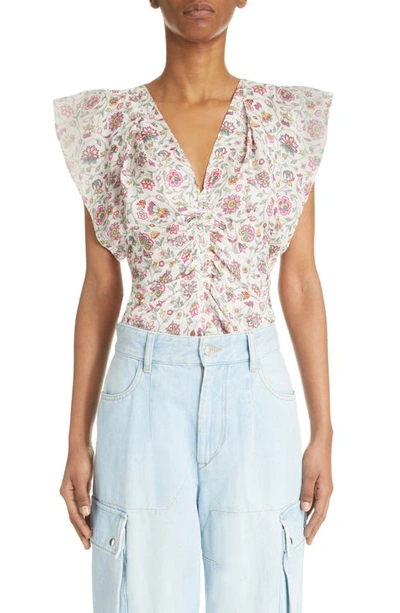 Isabel Marant Lonea Floral Ruched Flutter-sleeve Top In White
