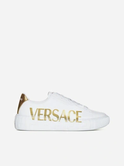 Versace Logo Leather Low-top Sneakers In White,gold