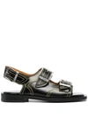 Ganni Embroidered Leather Sandals In Black