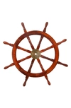 WILLOW ROW RED WOOD SHIP WHEEL SAIL BOAT WALL DECOR WITH GOLD HARDWARE