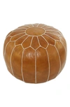 GINGER BIRCH STUDIO LIGHT BROWN LEATHER MOROCCAN FLORAL POUF WITH WHITE STITCHING