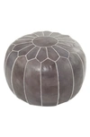 GINGER BIRCH STUDIO GRAY LEATHER MOROCCAN FLORAL POUF WITH WHITE STITCHING