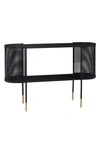 VIVIAN LUNE HOME BLACK METAL MESH SIDE PANEL 1-SHELF CONSOLE TABLE WITH OPEN CENTER STORAGE