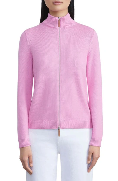 Lafayette 148 Cotton/silk Tape Fitted Bomber Sweater In Pink Madder
