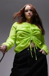 Topshop Long Sleeve Ruched Front Top In Lime-green In Light Green