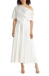 Amsale Draped Off-the-shoulder Midi-dress In Ivory