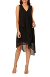 Adrianna Papell Asymmetric Mixed Media Chiffon & Jersey Dress In Black