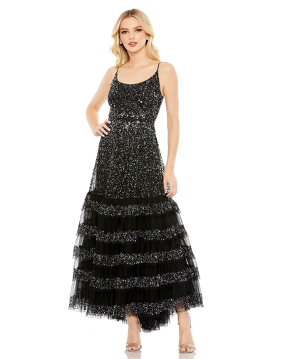 Mac Duggal Embellished Scoop Neck Tiered Gown In Black