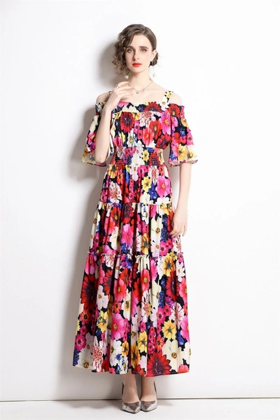 Kaimilan Multicolor Print Day A-line Off The Shoulder Strap Tea Dress