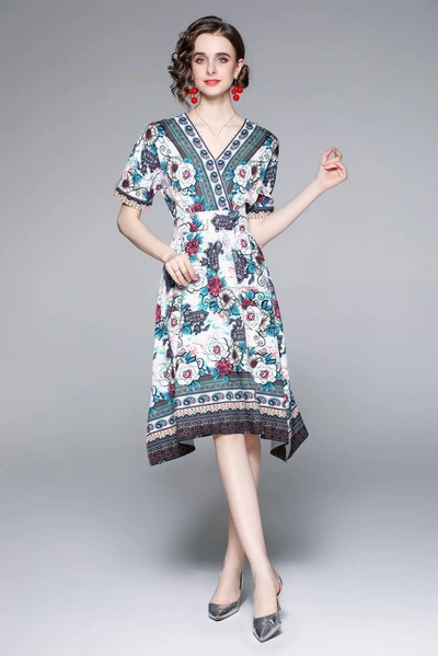 Kaimilan Multicolor Day A-line V-neck Short Sleeve Knee Printed Dress
