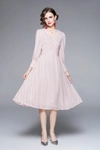 KAIMILAN Pink Evening A-line Squareneck Long Sleeve Knee Buttoned Dress