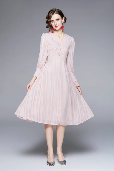 Kaimilan Pink Evening A-line Squareneck Long Sleeve Knee Buttoned Dress