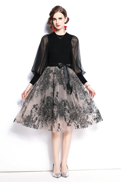 Kaimilan Black Cocktail And Party A-line Crewneck Long Sleeve Below Knee Printed Knee Dress With Belt