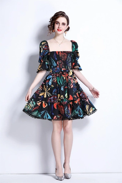 Kaimilan Black & Multicolor Print Day A-line Squareneck Elbow Sleeve Above Knee Dress