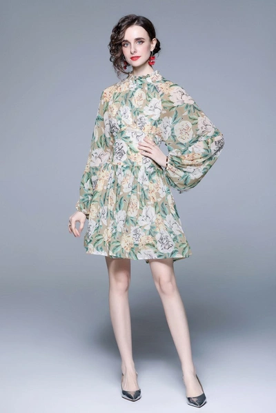 Kaimilan Pale Green & Floral Print Day A-line Long Sleeve Jewel Above Knee Dress In Multi