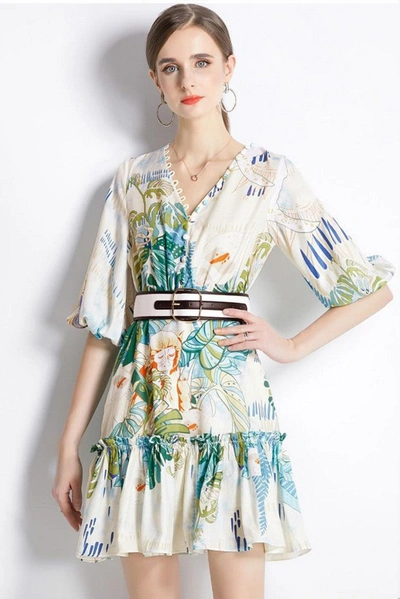 Kaimilan Multicolor Day A-line V-neck Elbow Sleeve Mini Dress