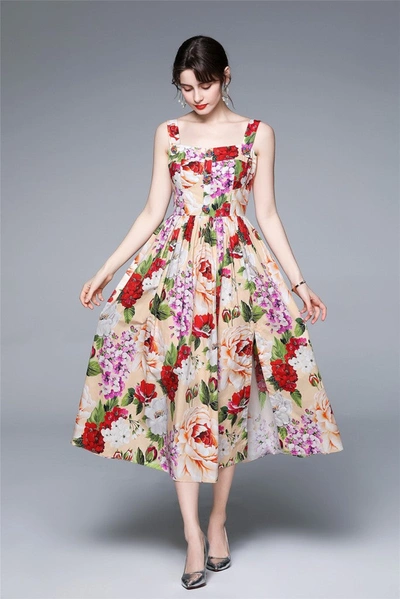 Kaimilan Multicolor Day A-line Off The Shoulder Strap Midi Floral Dress